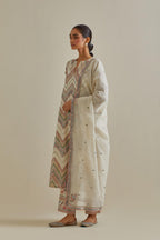 Pink and off-white cotton chanderi dupatta with delicate silk thread embroidery, highlighted with braids, mirrors and sequins work.