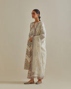 Pink and off-white cotton chanderi straight kurta set with all over chevron pattern. It is embellished with silk patchwork, thread, sequins and mirrors.