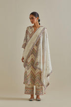 Pink and off-white cotton chanderi straight kurta set with all over chevron pattern. It is embellished with silk patchwork, thread, sequins and mirrors.