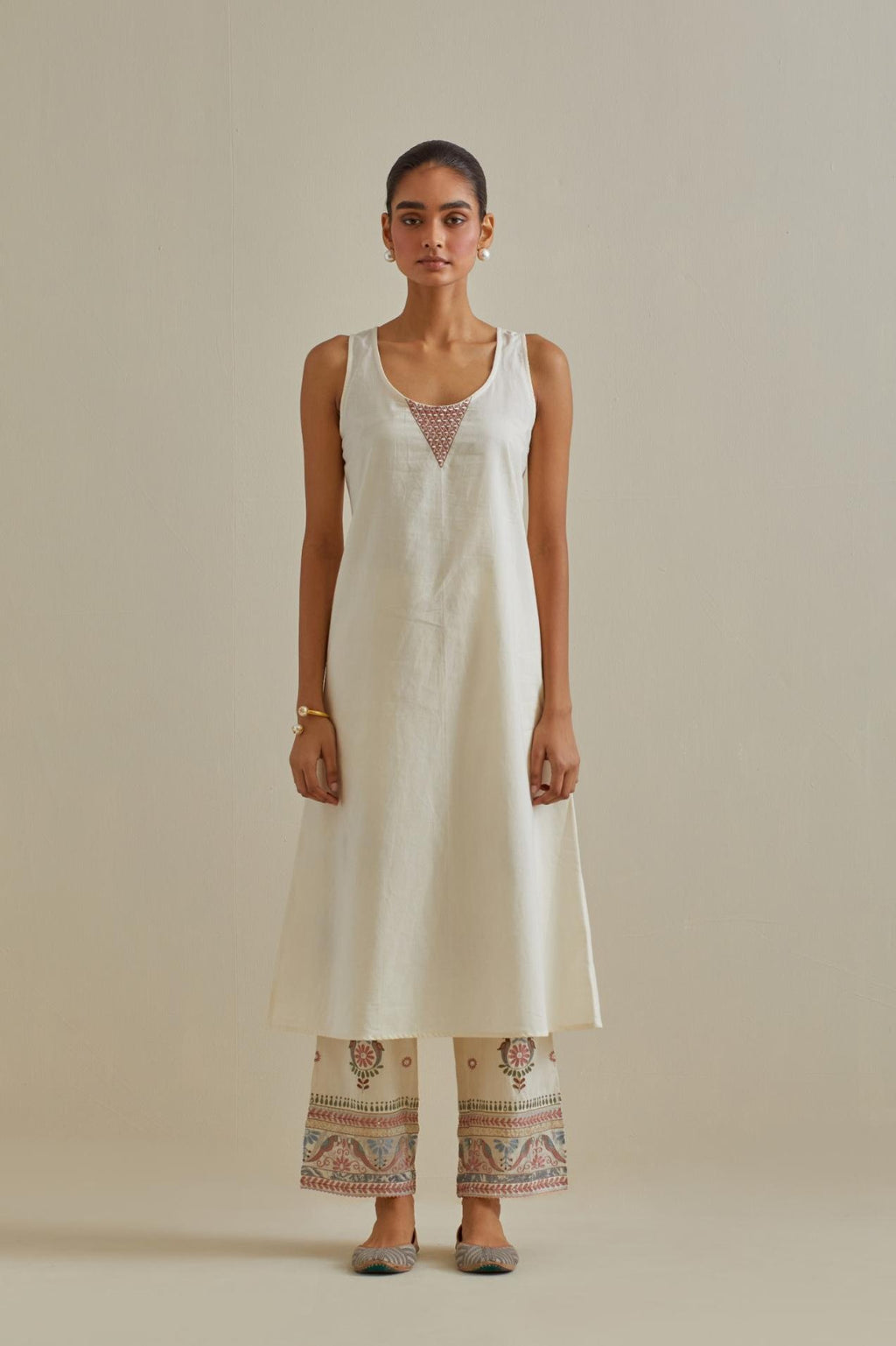 Pink and off-white cotton chanderi embroidered kurta dress set with V neck, yoke and fine gathers at empire line.