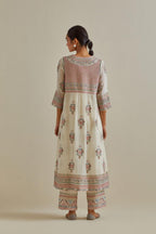 Pink and off-white cotton chanderi embroidered kurta dress set with V neck, yoke and fine gathers at empire line.