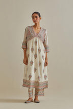 Pink and off-white cotton chanderi embroidered kurta dress set with V neck, yoke and fine gathers at empire line.