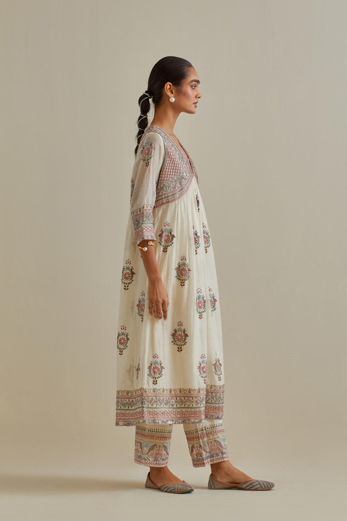 Pink and off-white cotton chanderi embroidered kurta dress set with V neck, yoke and fine gathers at empire line.