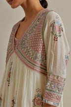 Pink and off-white cotton chanderi embroidered kurta dress set with V neck, yoke and fine gathers at empire line.