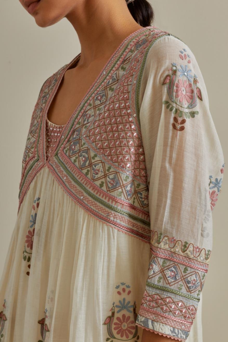 Pink and off-white cotton chanderi embroidered kurta dress set with V neck, yoke and fine gathers at empire line.