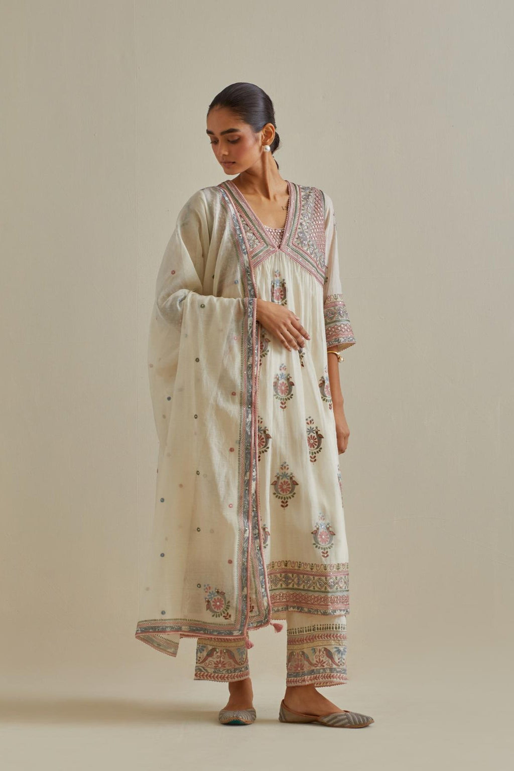 Pink and off-white cotton chanderi embroidered kurta dress set with V neck, yoke and fine gathers at empire line.