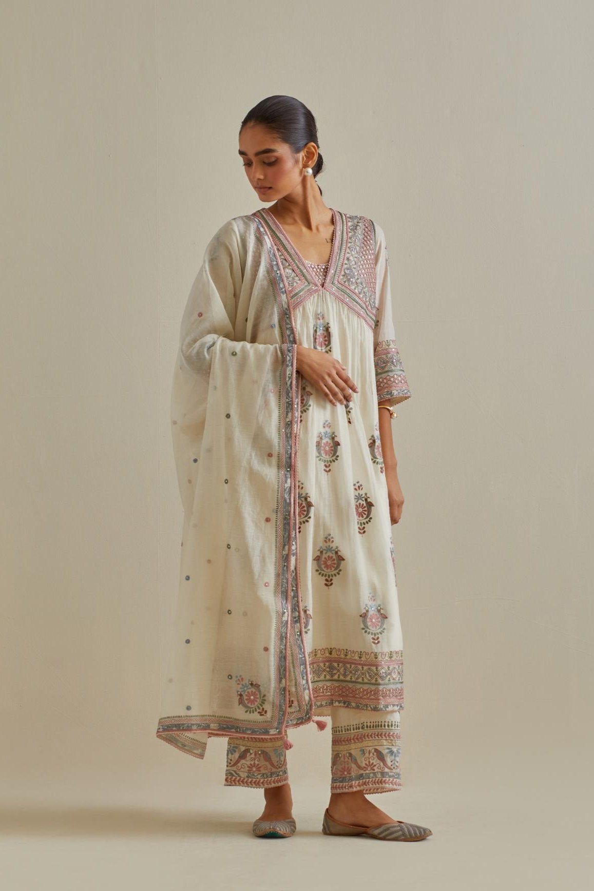 Pink and off-white cotton chanderi embroidered kurta dress set with V neck, yoke and fine gathers at empire line.