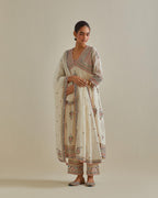 Pink and off-white cotton chanderi dupatta with delicate silk thread embroidery, highlighted with braids, mirrors and sequins work.