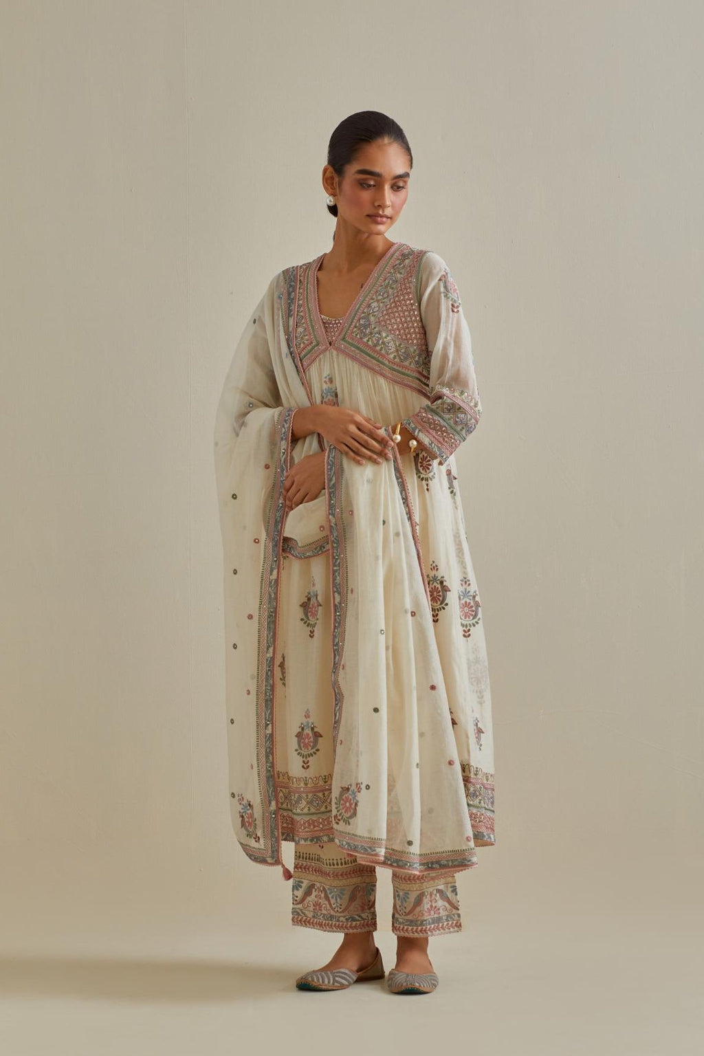 Pink and off-white cotton chanderi embroidered kurta dress set with V neck, yoke and fine gathers at empire line.