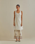 Pink and off-white cotton chanderi A-line kurta set with all over embroidery set in bold chevron stripes.