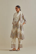 Pink and off-white cotton chanderi A-line kurta set with all over embroidery set in bold chevron stripes.