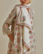 Pink and off-white A-line cotton chanderi kurta set with all over patchwork, silk thread, mirror, tassels and sequin embroidery.