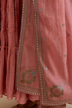 Pink cotton chanderi dupatta with delicate silk thread embroidery, highlighted with braids, mirrors and sequins work.