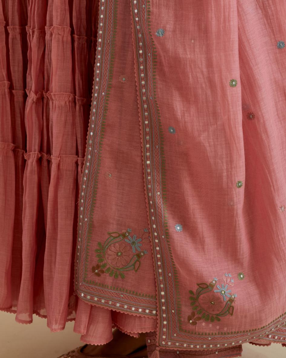 Pink cotton chanderi multi-tiered kurta dress set with 3/4 sleeves, highlighted with mirror work.