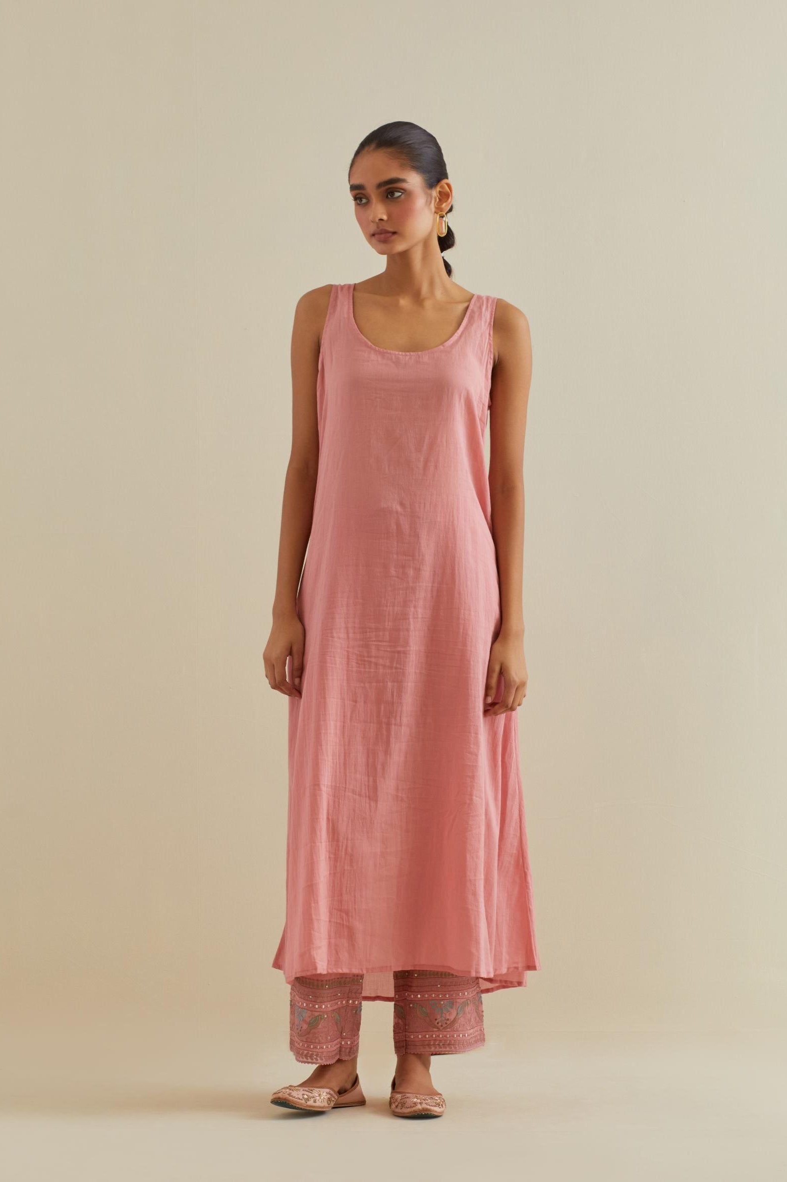 Pink cotton chanderi kurta dress set with a V neck embroidered yoke and panels.