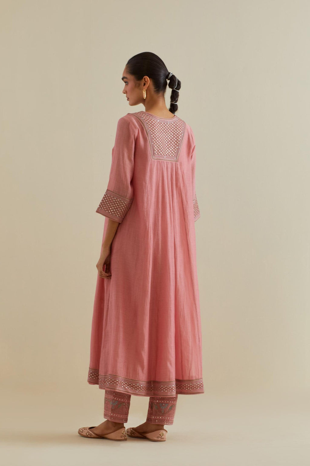 Pink cotton chanderi kurta dress set with a V neck embroidered yoke and panels.