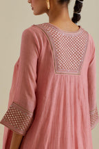 Pink cotton chanderi kurta dress set with a V neck embroidered yoke and panels.