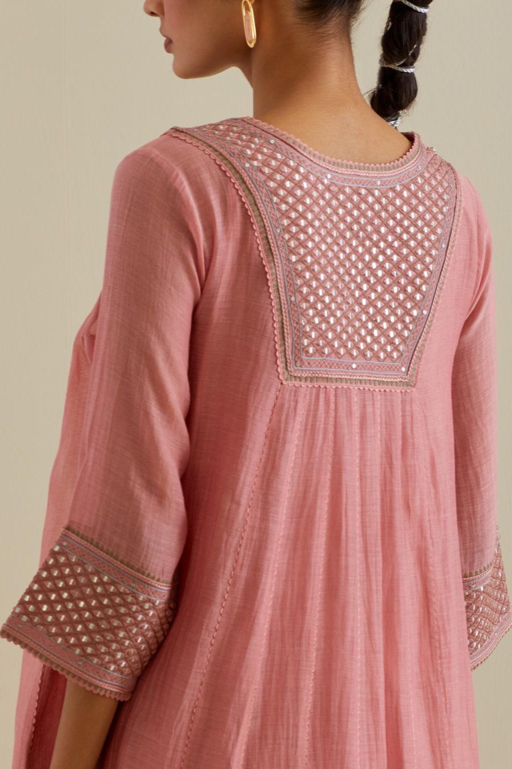 Pink cotton chanderi kurta dress set with a V neck embroidered yoke and panels.