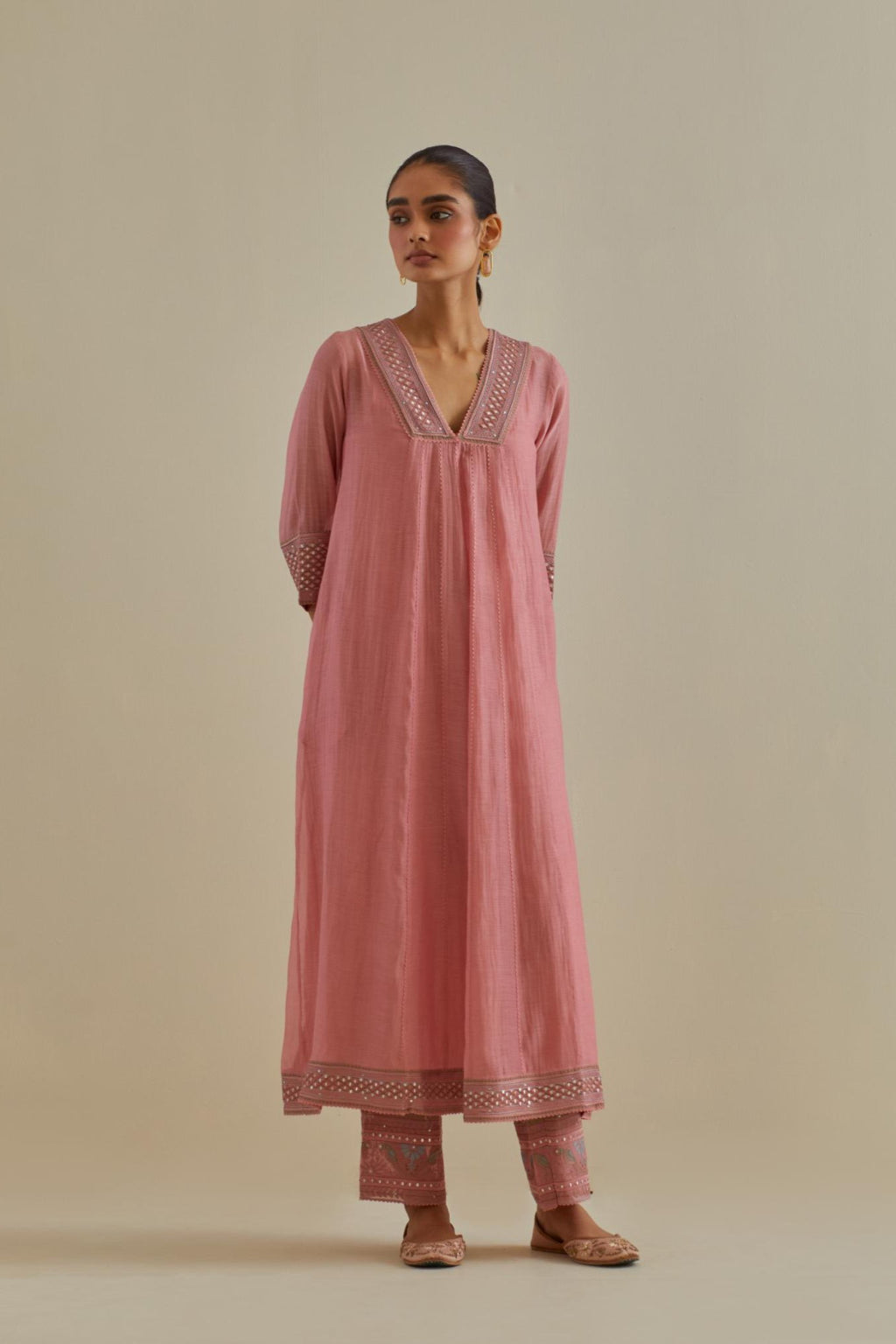 Pink cotton chanderi kurta dress set with a V neck embroidered yoke and panels.
