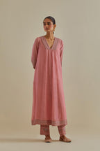 Pink cotton chanderi kurta dress set with a V neck embroidered yoke and panels.