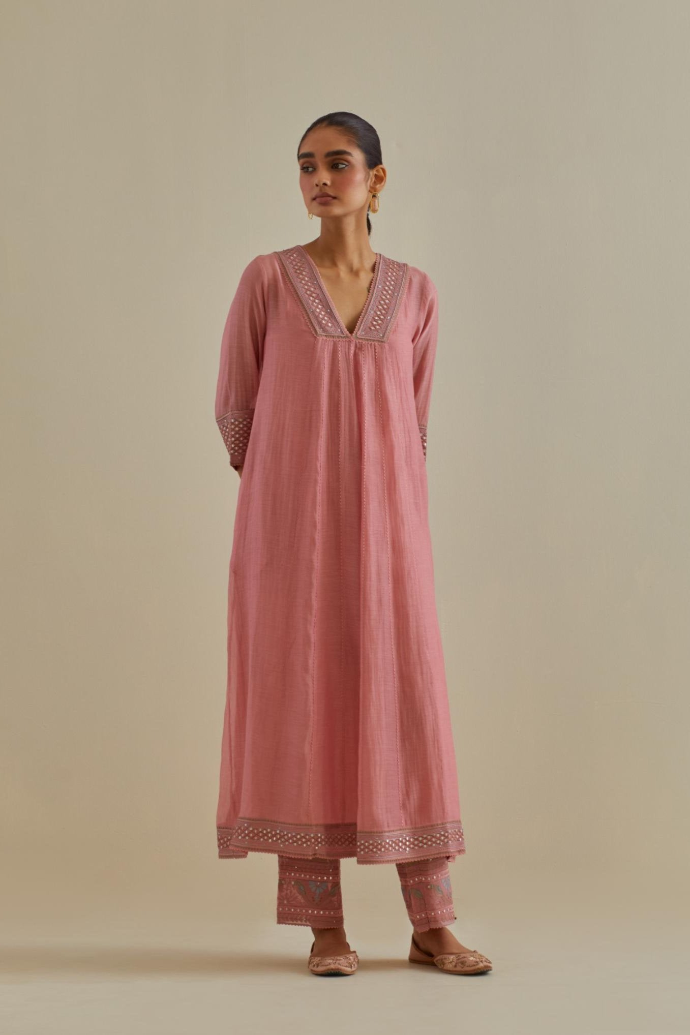 Pink cotton chanderi kurta dress set with a V neck embroidered yoke and panels.