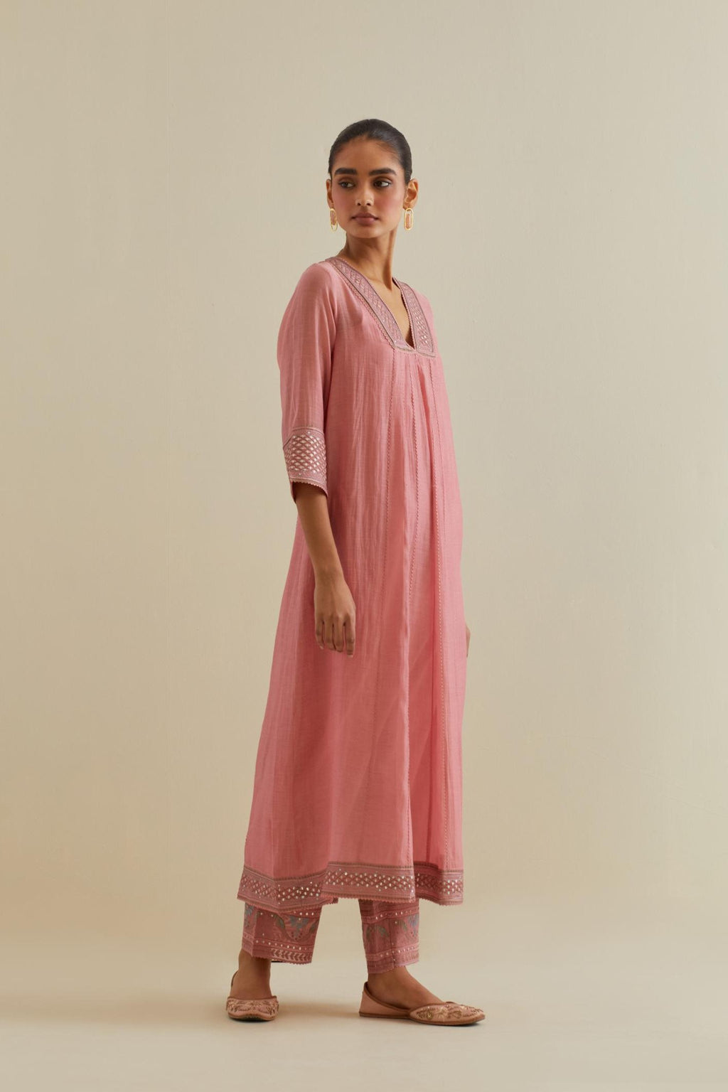Pink cotton chanderi kurta dress set with a V neck embroidered yoke and panels.