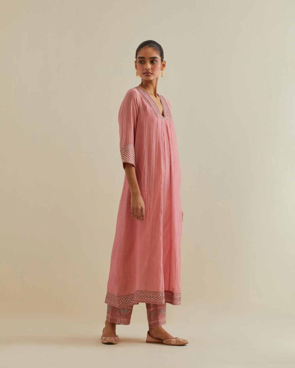 Pink cotton chanderi kurta dress set with a V neck embroidered yoke and panels.