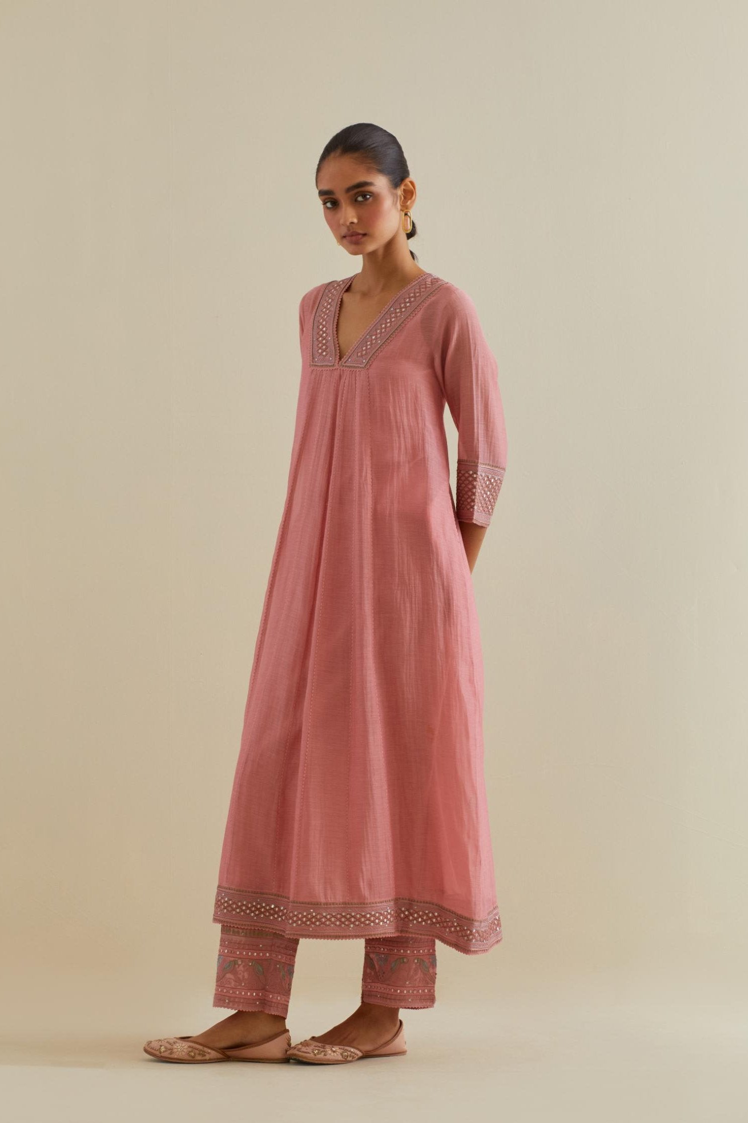 Pink cotton chanderi kurta dress set with a V neck embroidered yoke and panels.