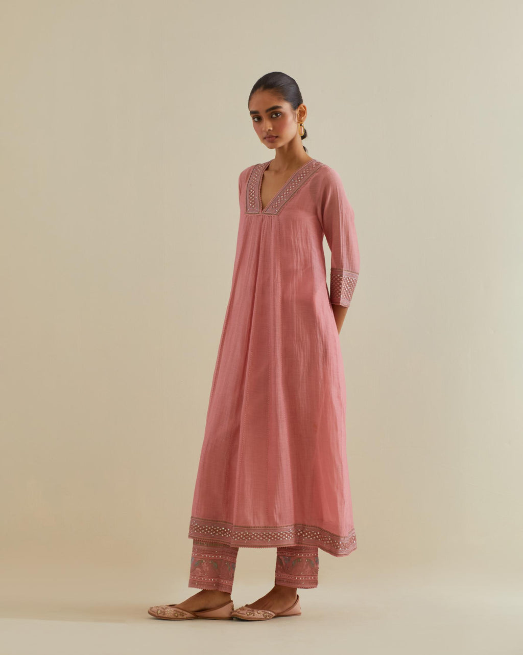 Pink cotton chanderi kurta dress set with a V neck embroidered yoke and panels.