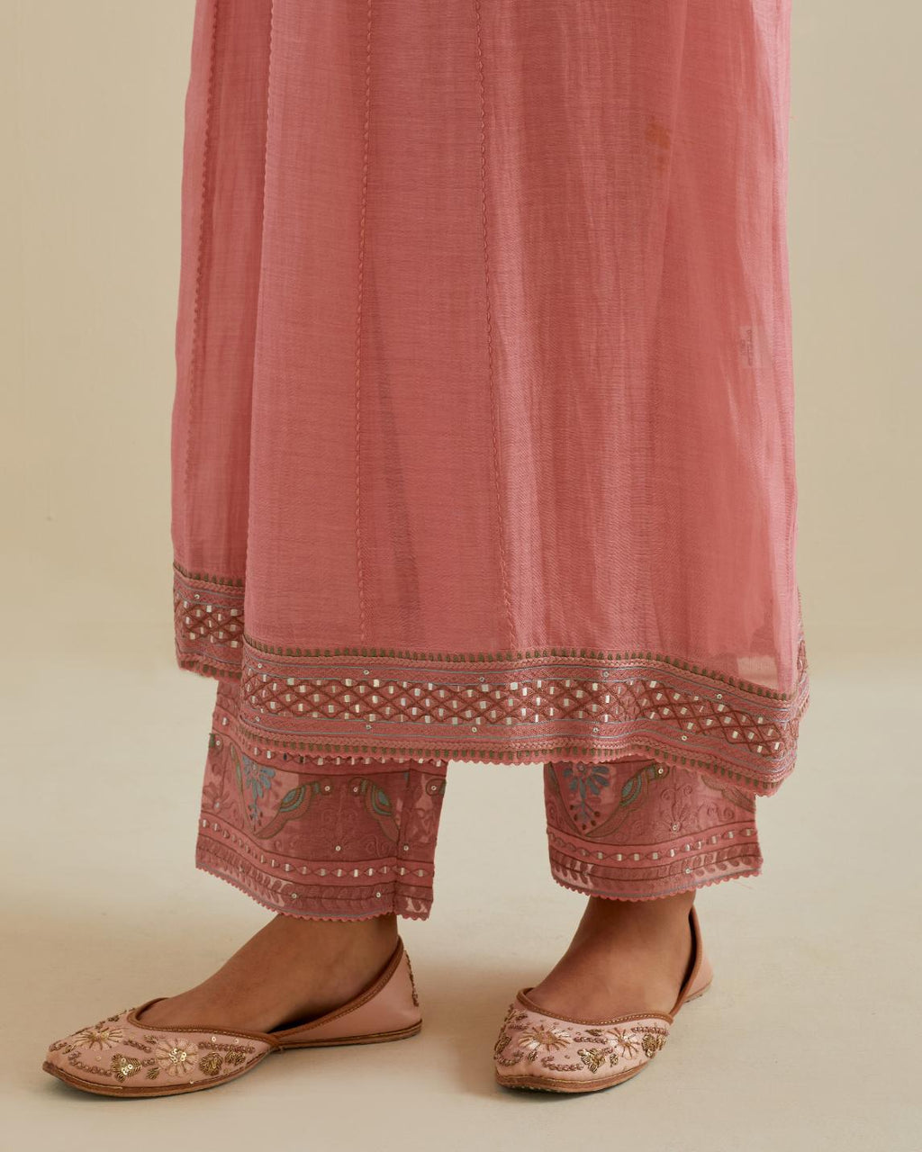 Pink cotton chanderi kurta dress set with a V neck embroidered yoke and panels.