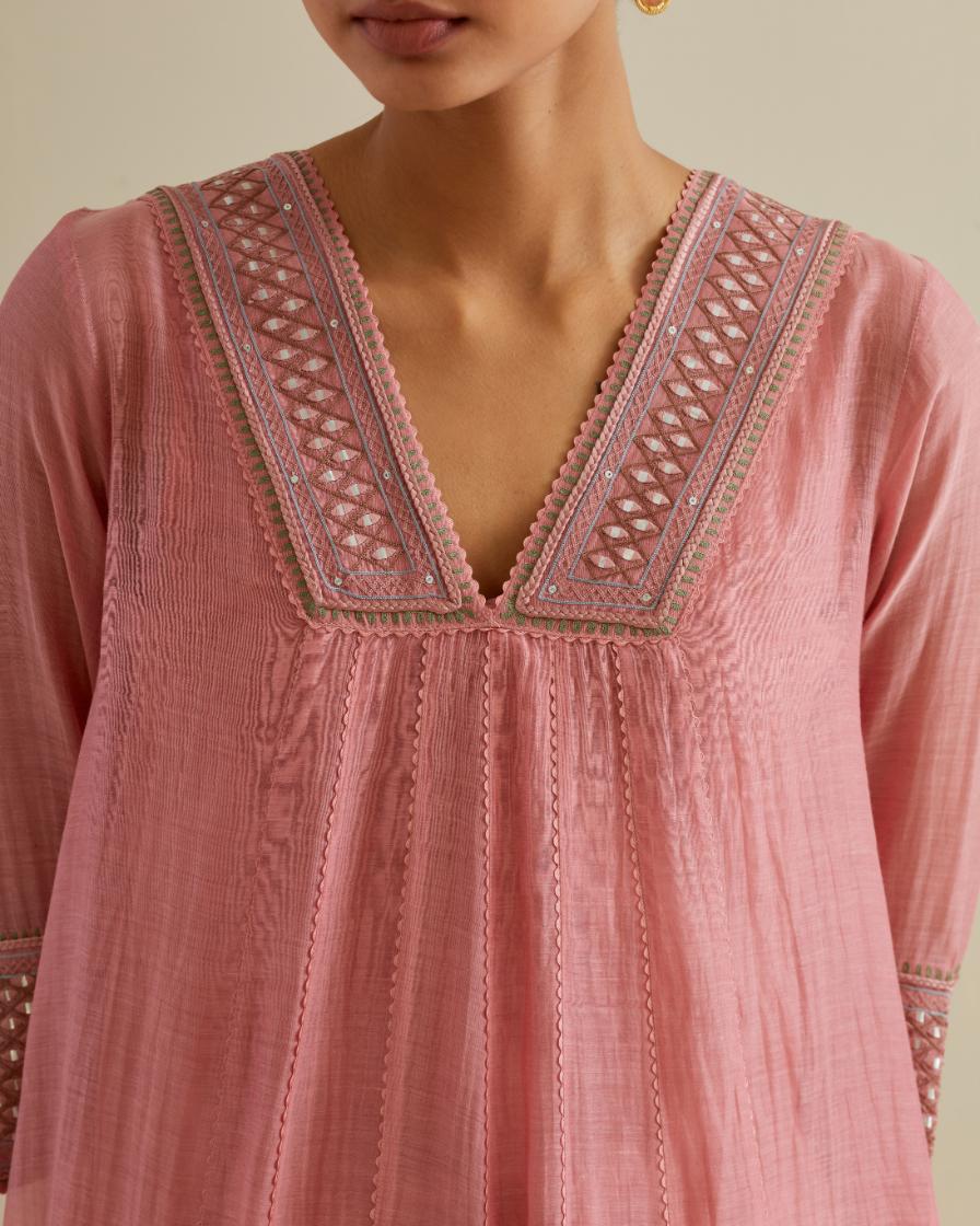 Pink cotton chanderi kurta dress set with a V neck embroidered yoke and panels.