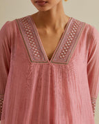 Pink cotton chanderi kurta dress set with a V neck embroidered yoke and panels.