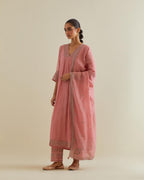 Pink cotton chanderi kurta dress set with a V neck embroidered yoke and panels.