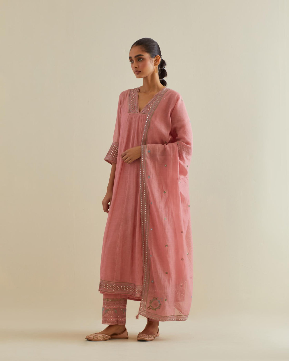 Pink cotton chanderi kurta dress set with a V neck embroidered yoke and panels.