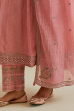 Pink cotton chanderi dupatta with delicate silk thread embroidery, highlighted with braids, mirrors and sequins work.