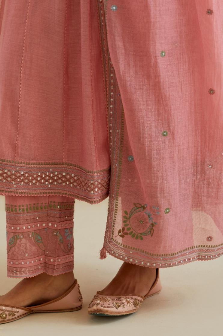 Pink cotton chanderi dupatta with delicate silk thread embroidery, highlighted with braids, mirrors and sequins work.