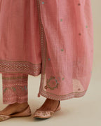 Pink cotton chanderi kurta dress set with a V neck embroidered yoke and panels.