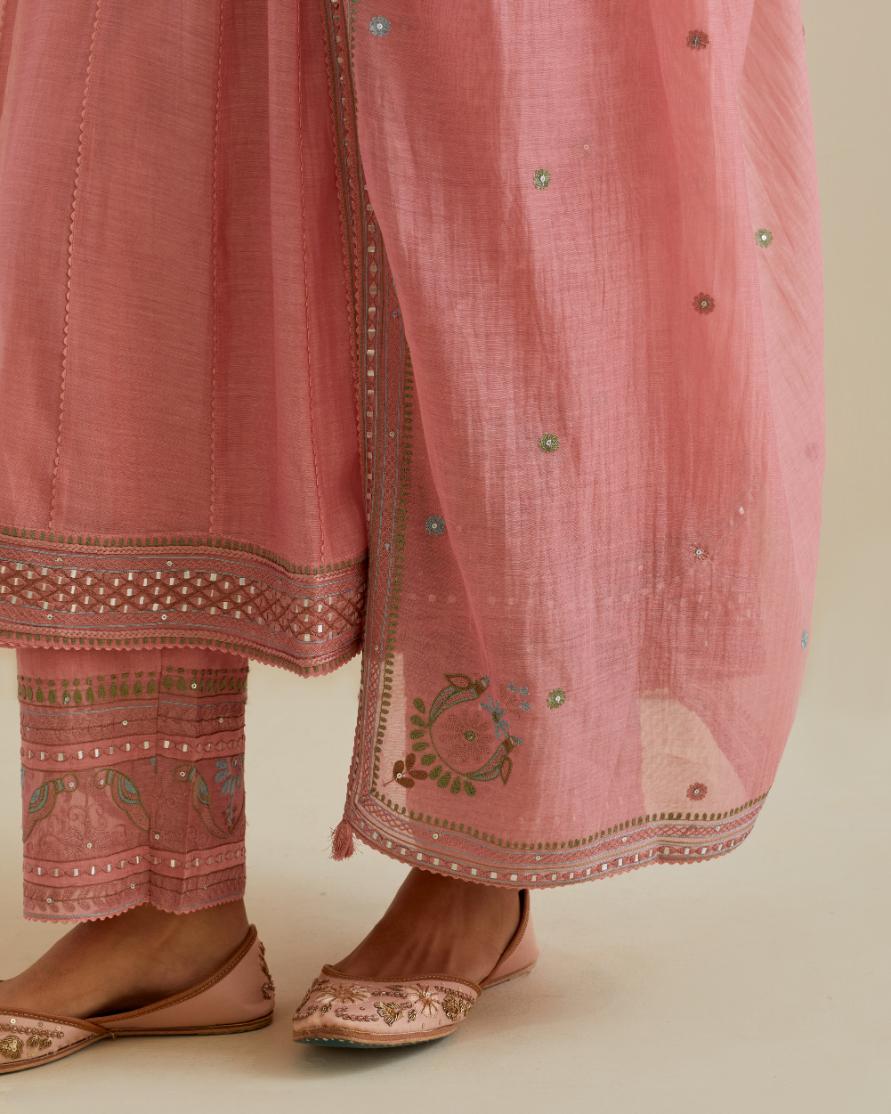 Pink cotton chanderi kurta dress set with a V neck embroidered yoke and panels.