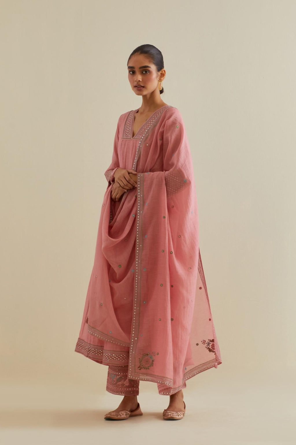 Pink cotton chanderi kurta dress set with a V neck embroidered yoke and panels.