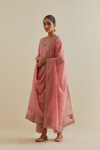 Pink cotton chanderi kurta dress set with a V neck embroidered yoke and panels.