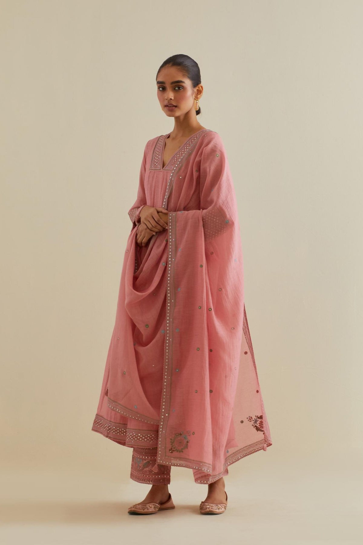 Pink cotton chanderi kurta dress set with a V neck embroidered yoke and panels.