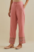 Pink straight pants with all over multi color embroidery detailed with sequins.