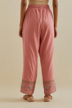 Pink straight pants with all over multi color embroidery detailed with sequins.