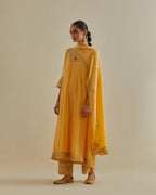 Yellow cotton chanderi kurta dress set with a V neck embroidered yoke and panels.