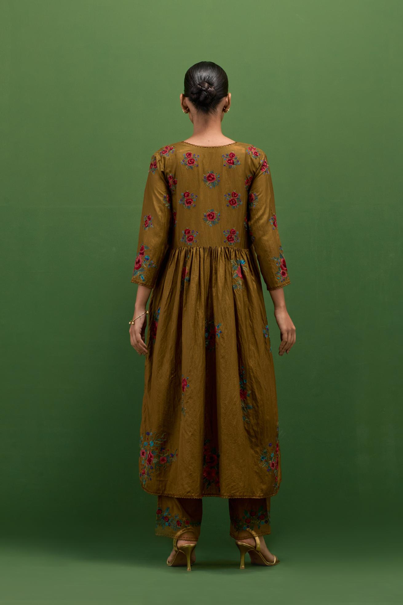Golden olive silk Kurta dress set with all-over assorted thread embroidery floral bunches.