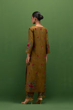 Golden olive silk straight kurta set with all-over roses embroidered in thread and scalloped organza detail at the edges.