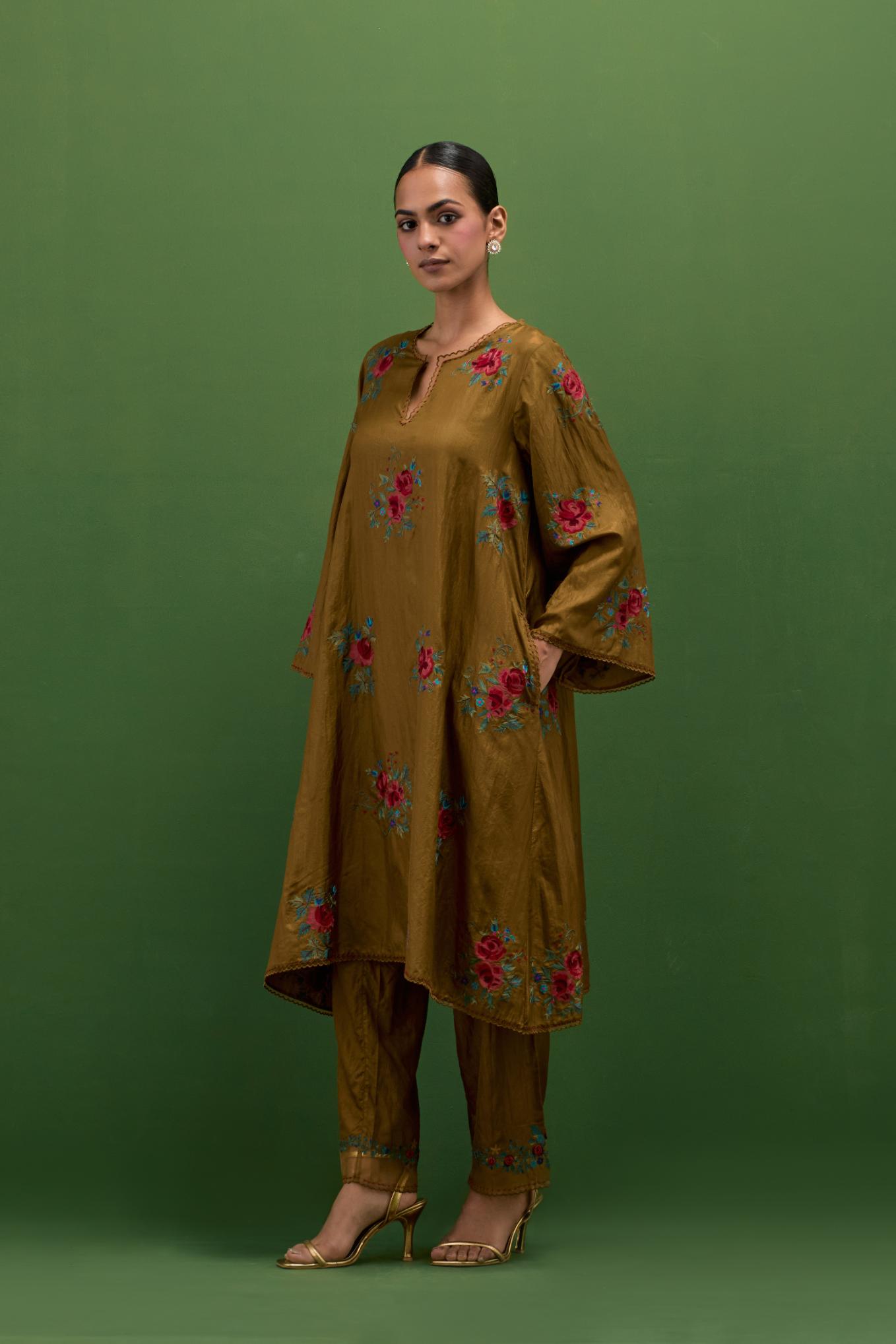 Golden olive silk A-line short kurta set, with thread embroidery roses all over.