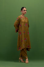 Golden olive silk A-line short kurta set, with thread embroidery roses all over.