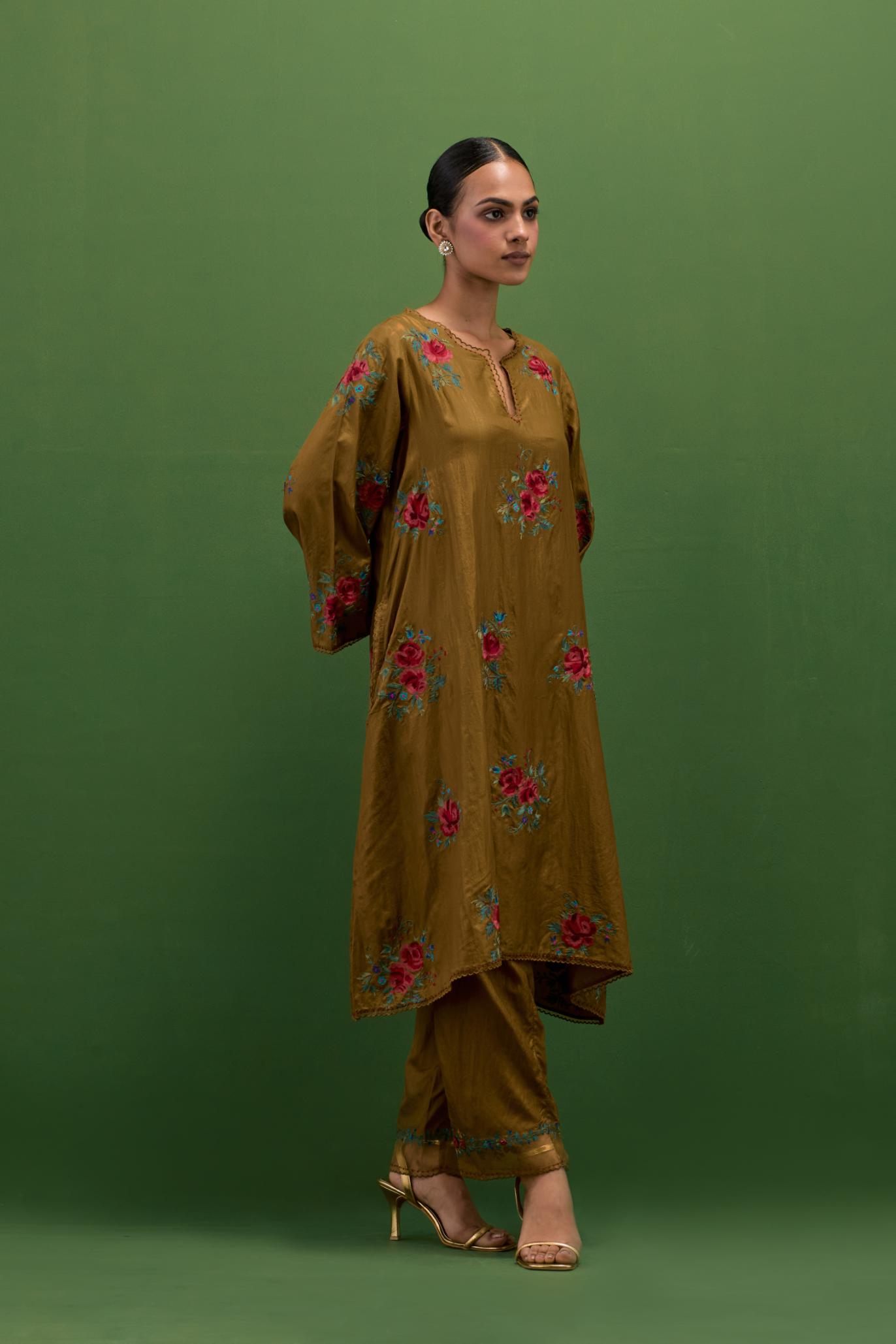 Golden olive silk A-line short kurta set, with thread embroidery roses all over.