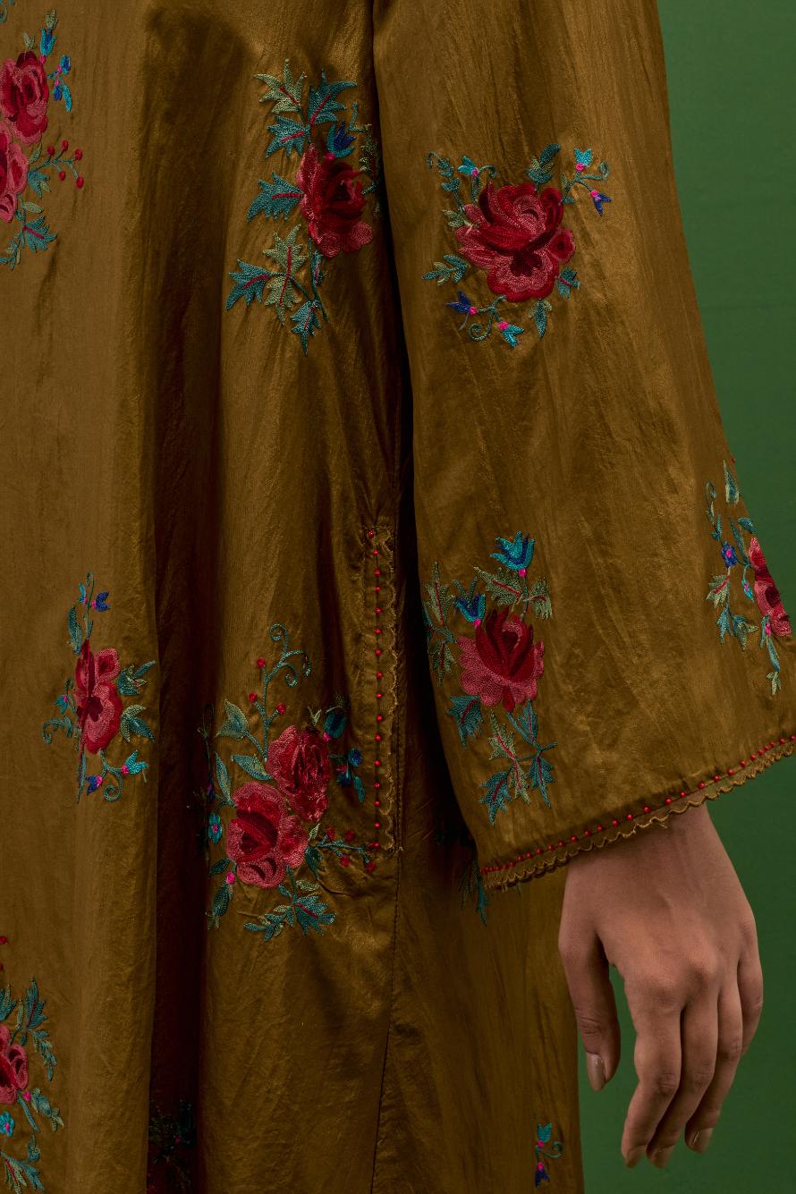 Golden olive silk A-line short kurta set, with thread embroidery roses all over.